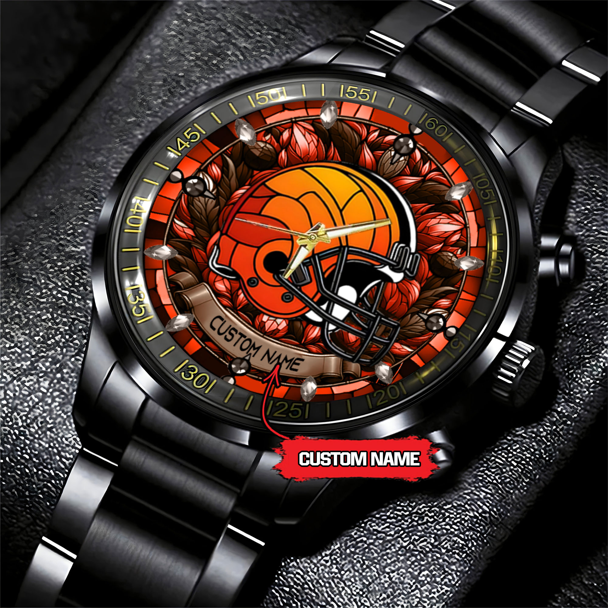 jwfancy cleveland browns nfl personalized stained glass black stainless steel watch iirps