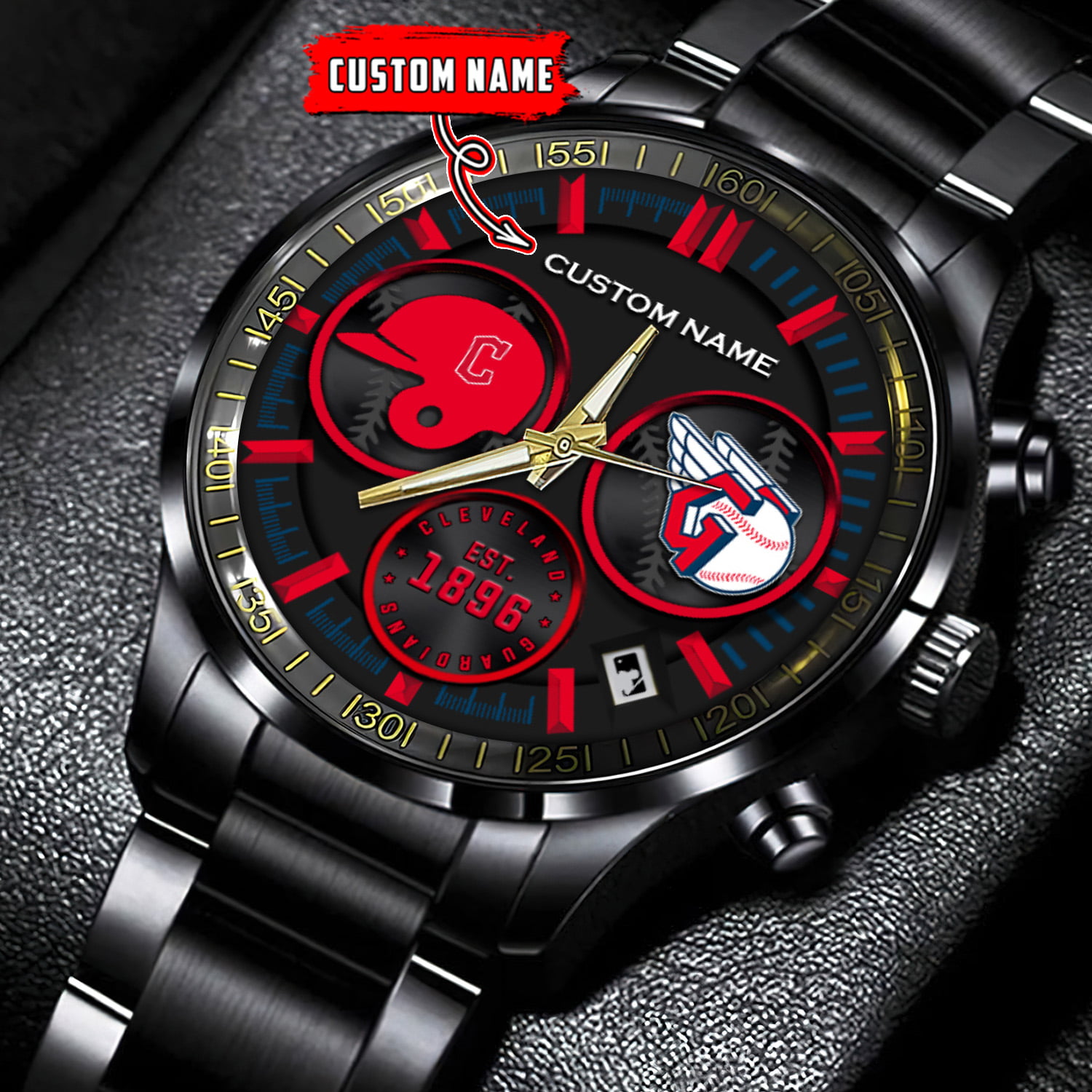 jwfancy cleveland guardians mlb personalized black stainless steel watch for fan 4ovww