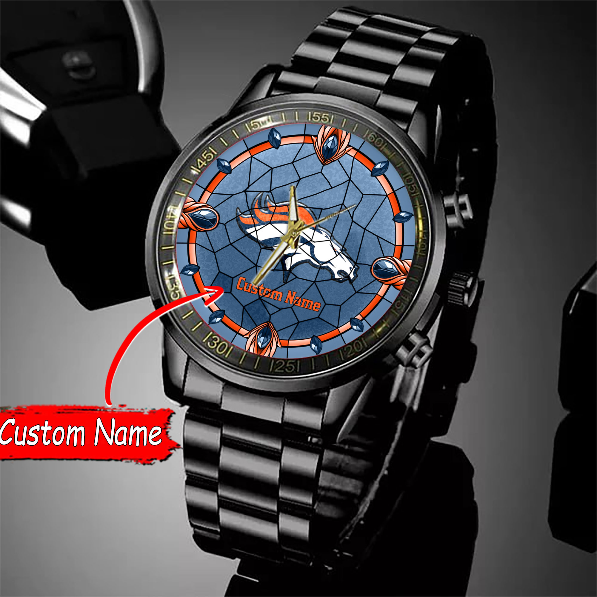 jwfancy denver broncos nfl personalized black stainless steel watch gift for fan smwnr