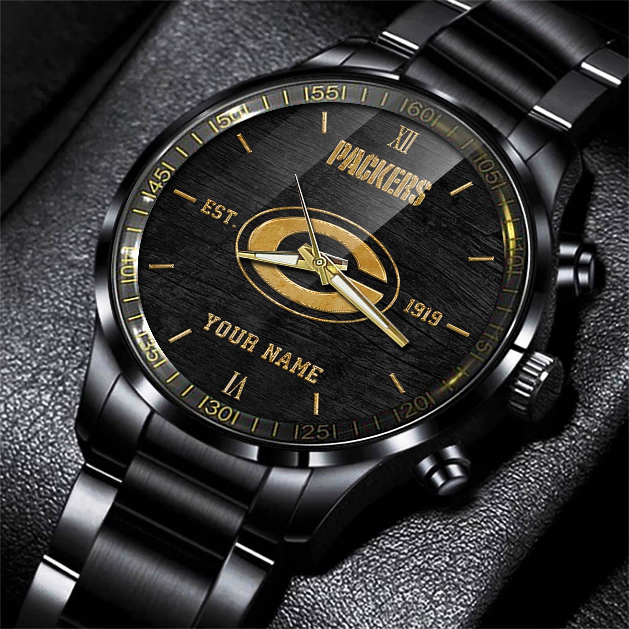 jwfancy green bay packers nfl black fashion watch custom your name qx1tw