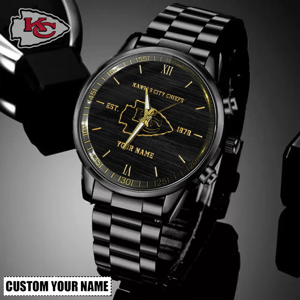 jwfancy kansas city chiefs nfl personalized black stainless steel watch for fans avjcv