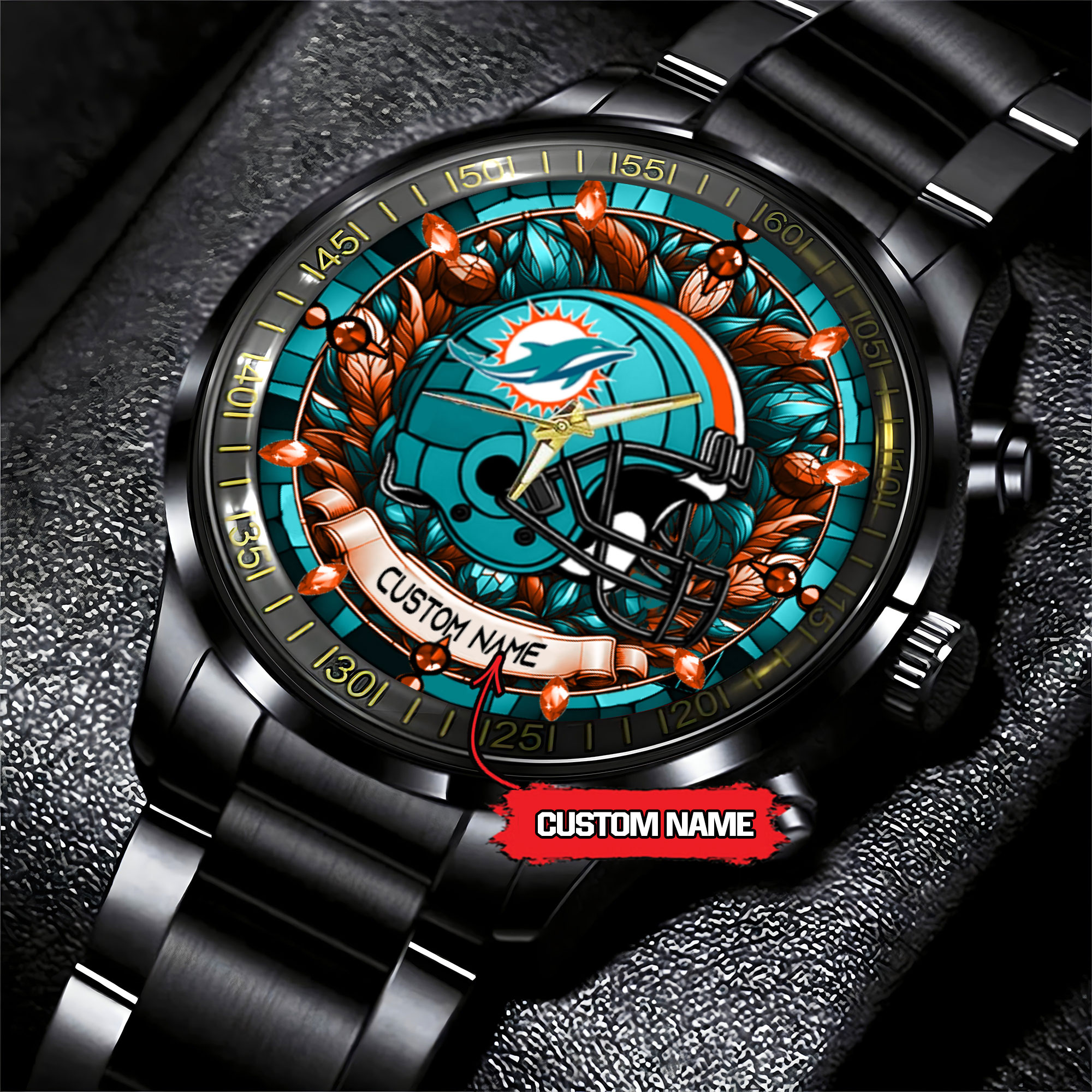 jwfancy miami dolphins nfl personalized stained glass black stainless steel watch f8rvg