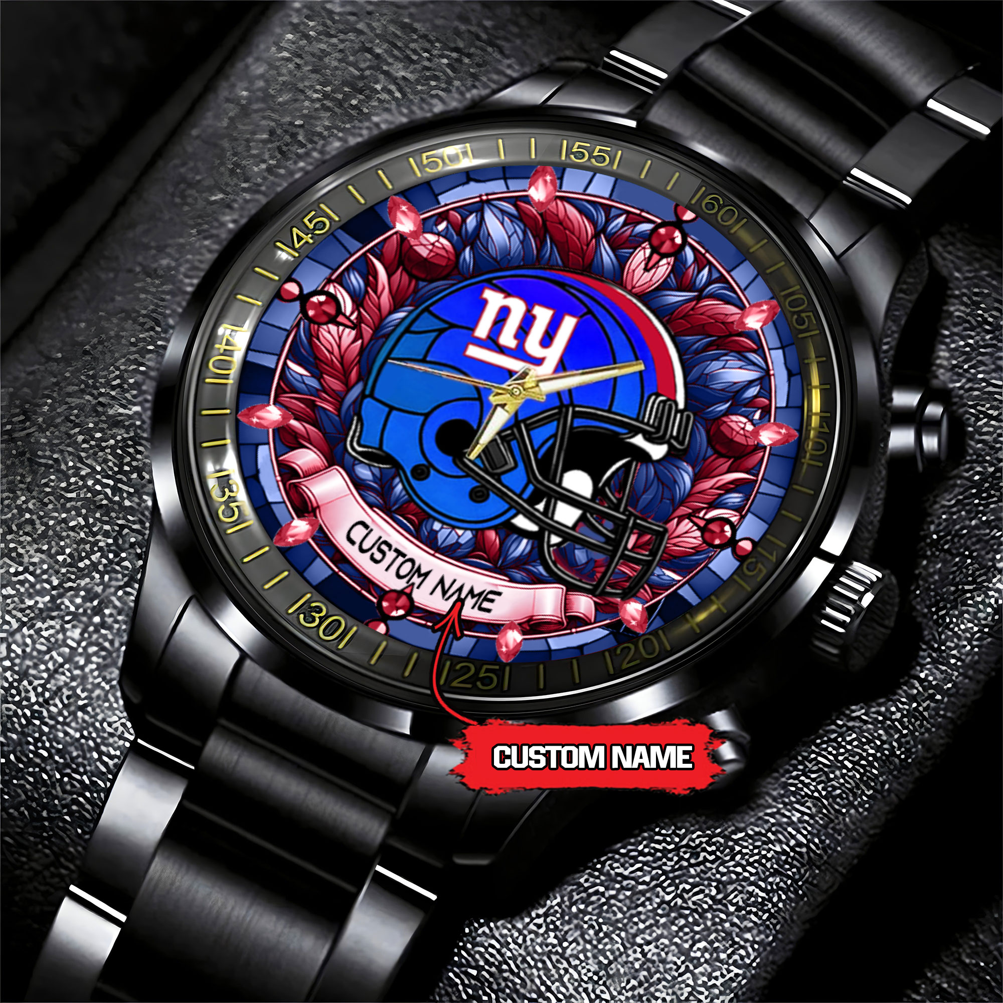 jwfancy new york giants nfl personalized stained glass black stainless steel watch ncjoc