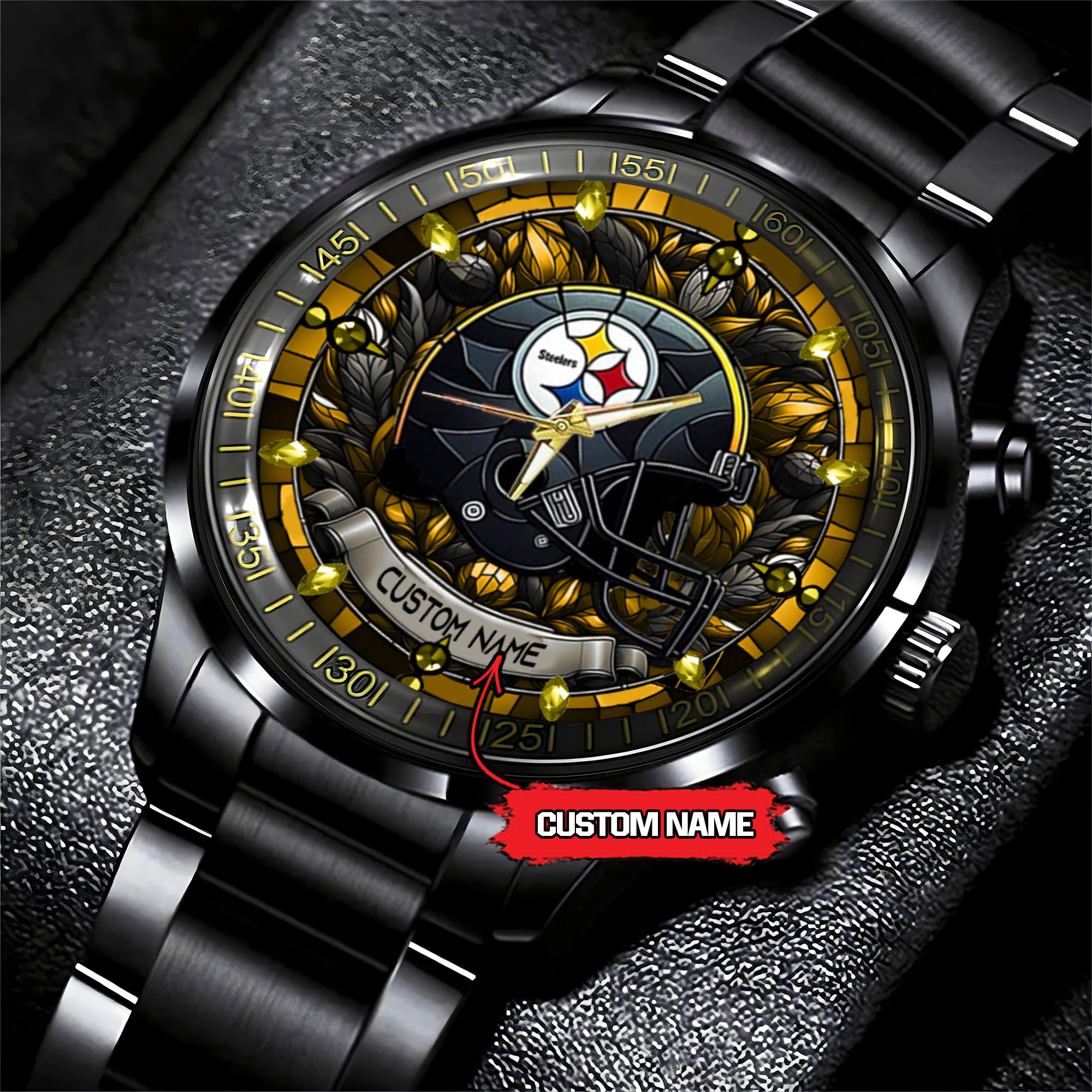 jwfancy pittsburgh steelers nfl personalized stained glass black stainless steel watch 81uzv