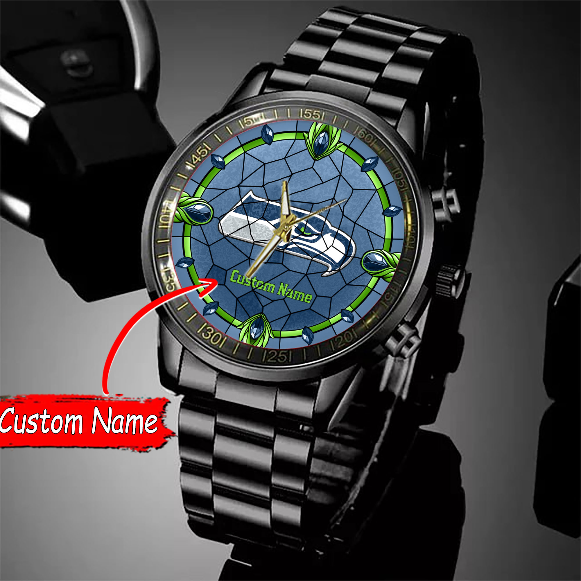 jwfancy seattle seahawks nfl personalized black stainless steel watch gift for fan cwkdt