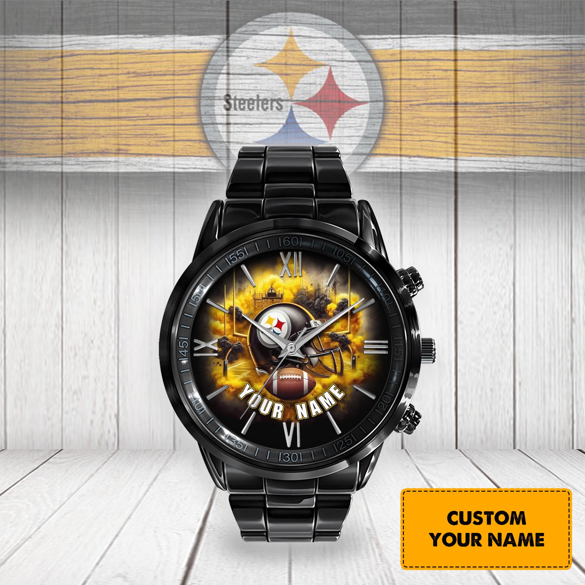 jwfancy steelers nfl stainless steel black watch gift for fans for father 3btmg