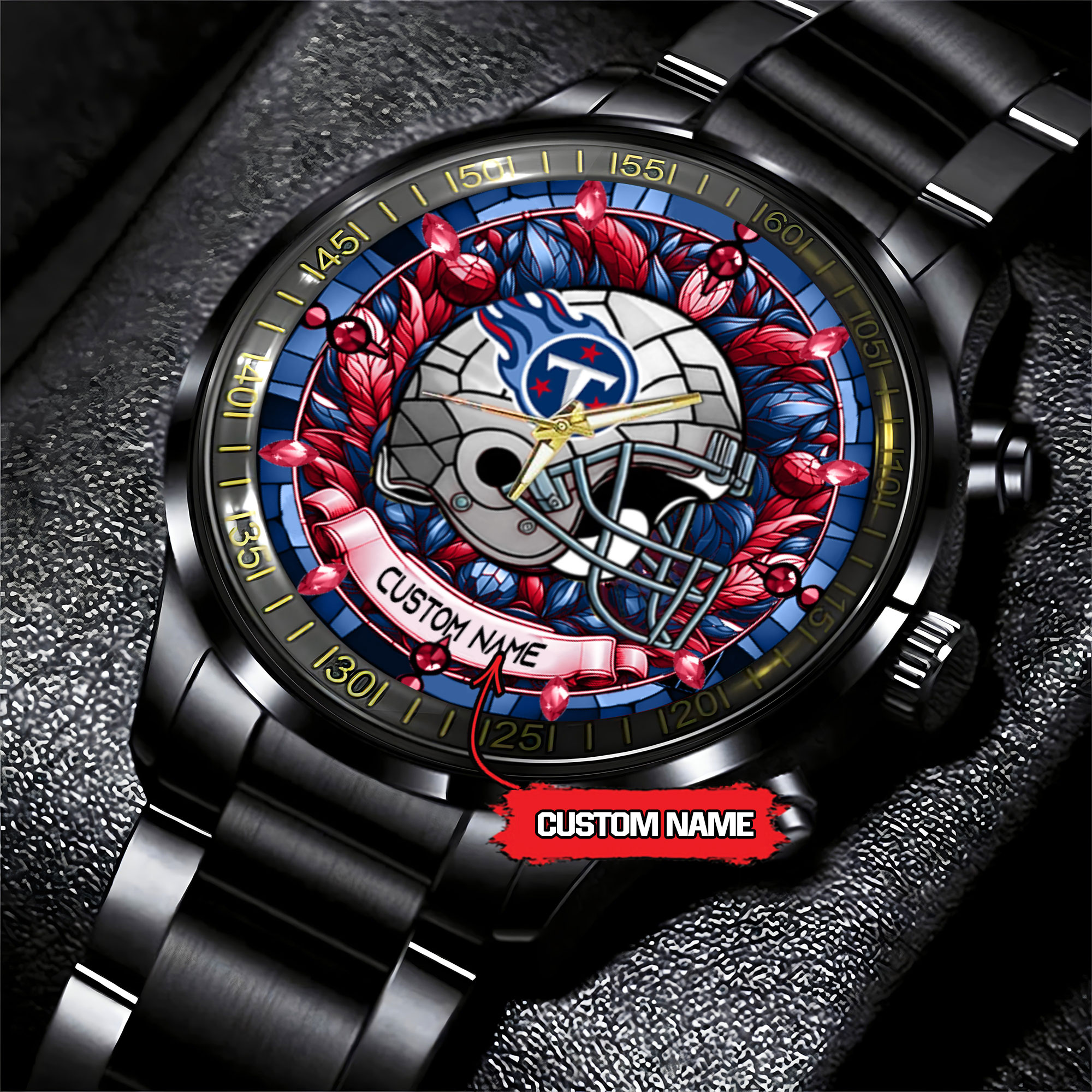 jwfancy tennessee titans nfl personalized stained glass black stainless steel watch 5j9uz