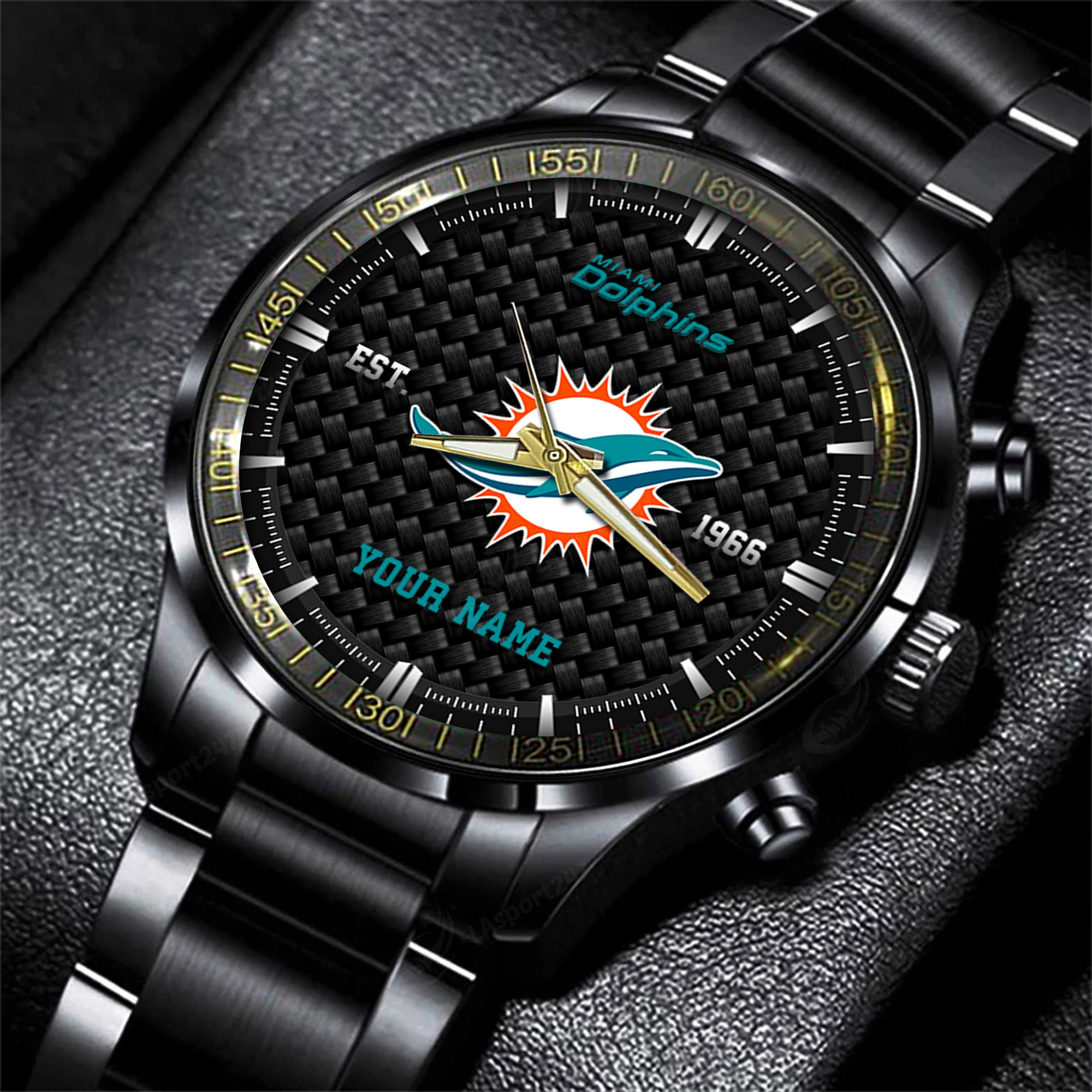 miami dolphins nfl black fashion hand watch custom your name gift for fan zntlm