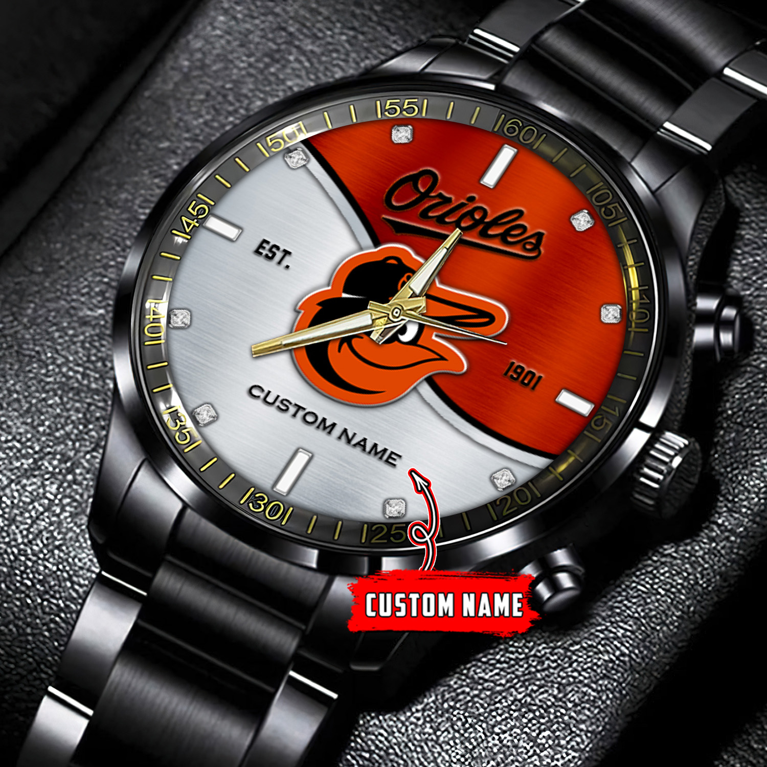 jwfancy baltimore orioles mlb personalized black stainless steel watch for fan 8bhfi