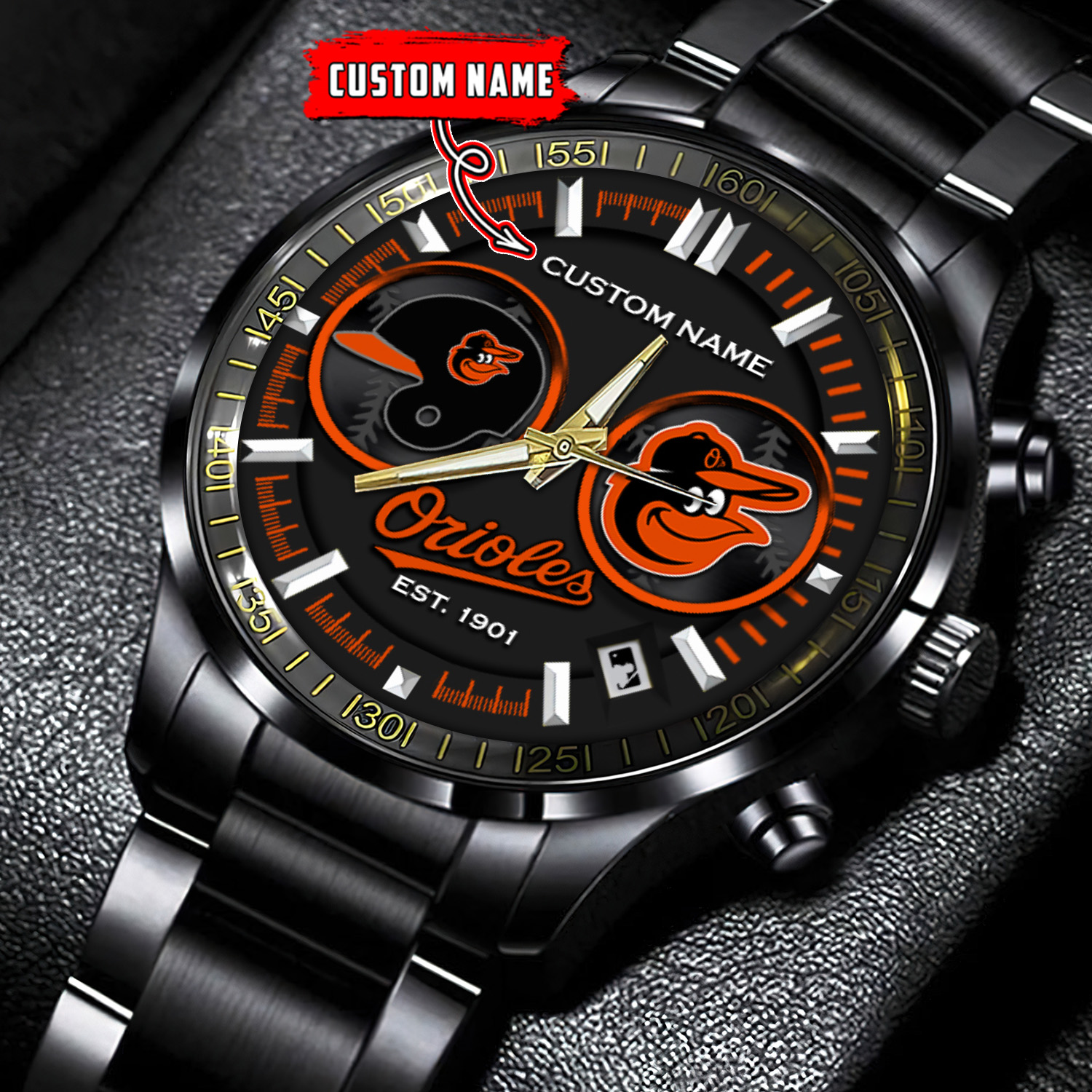 jwfancy baltimore orioles mlb personalized black stainless steel watch for fan 8jcid