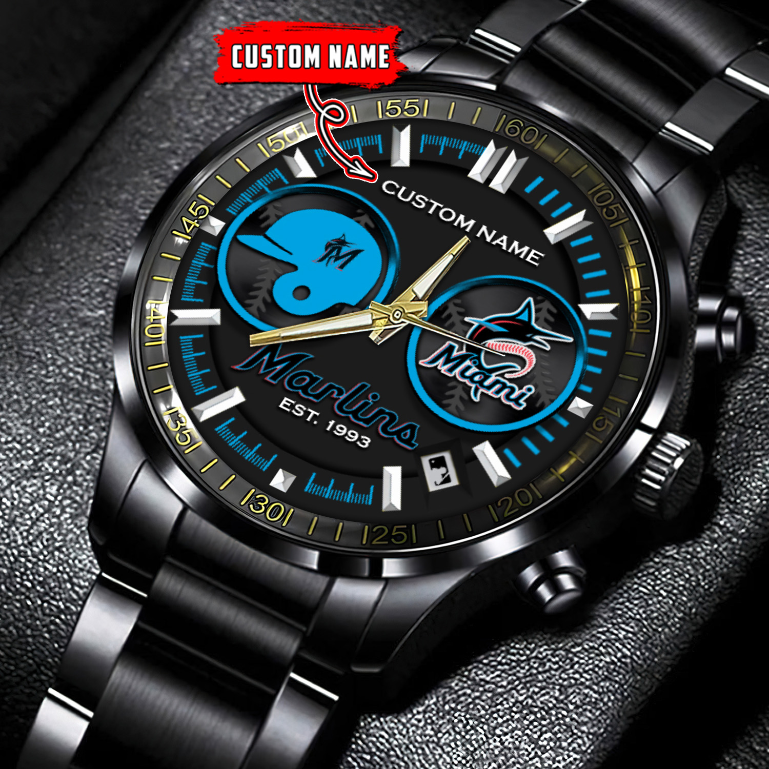 jwfancy miami marlins mlb personalized black stainless steel watch for fan jxwtn