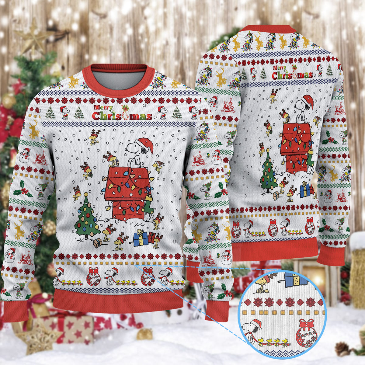 9aQ1VcQE Snoopy And Woodstock Reindeer In Red Baron Gear Christmas Knitted Sweater 1