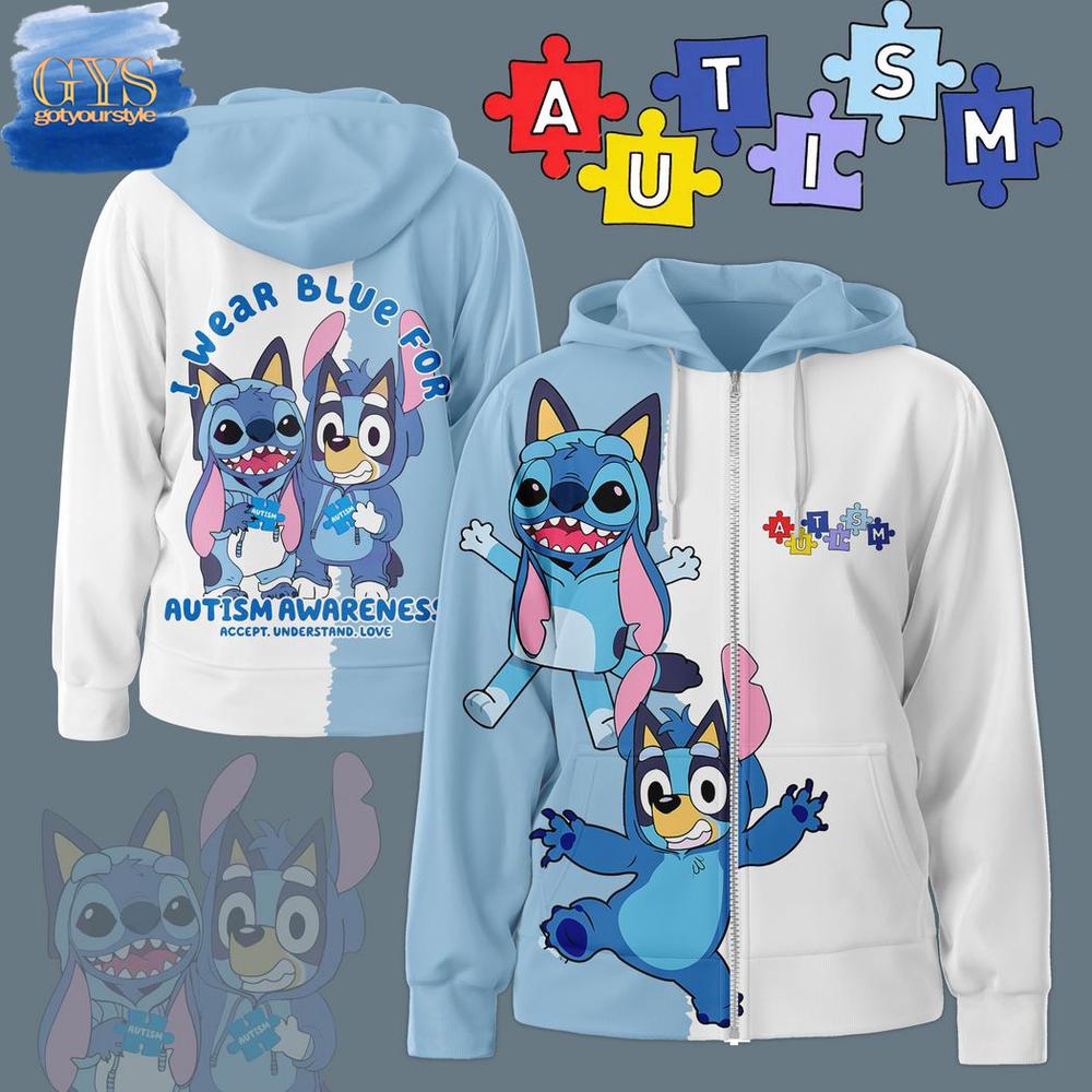 Bluey I Wear Blue For Autism Awareness Accept Understand Love Hoodie 1