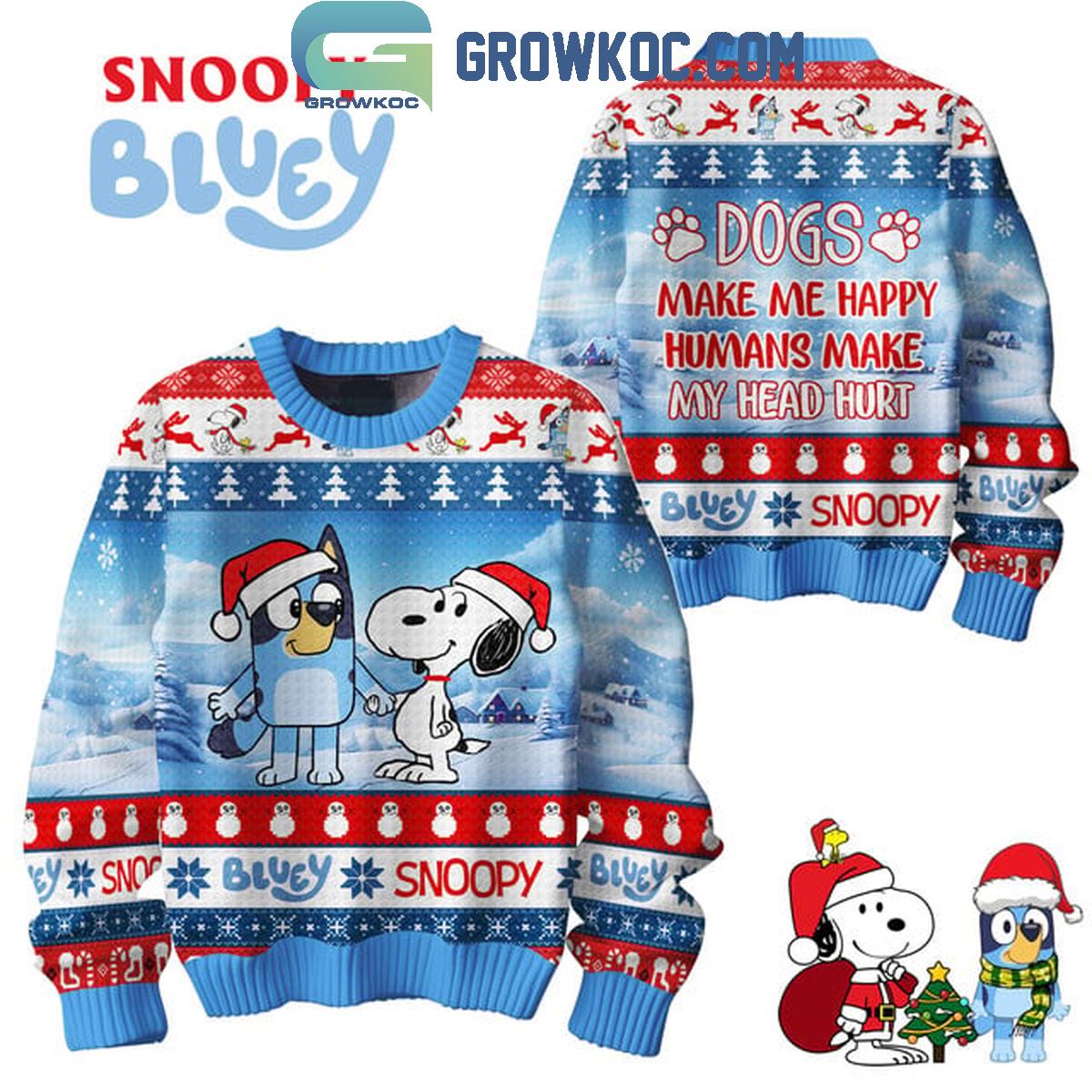 Bluey Snoopy Peanuts Merry Christmas Human Makes My Head Hurt Ugly Sweater 1 dbsuZ