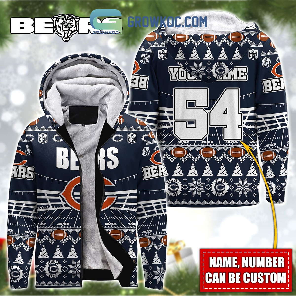 Chicago Bears NFL Christmas Personalized Hoodie Zipper Fleece Jacket2B1 3YPXa