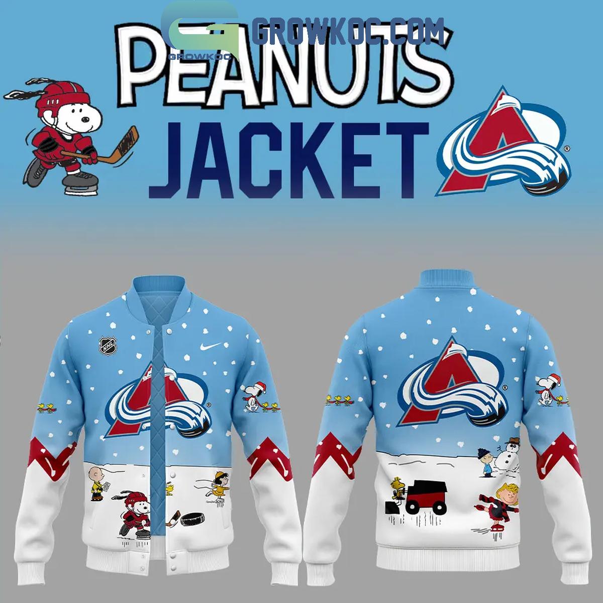 Colorado Avalanche Snoopy Celebrating Peanuts Winter Break 2024 Baseball Jacket 1 i38d3