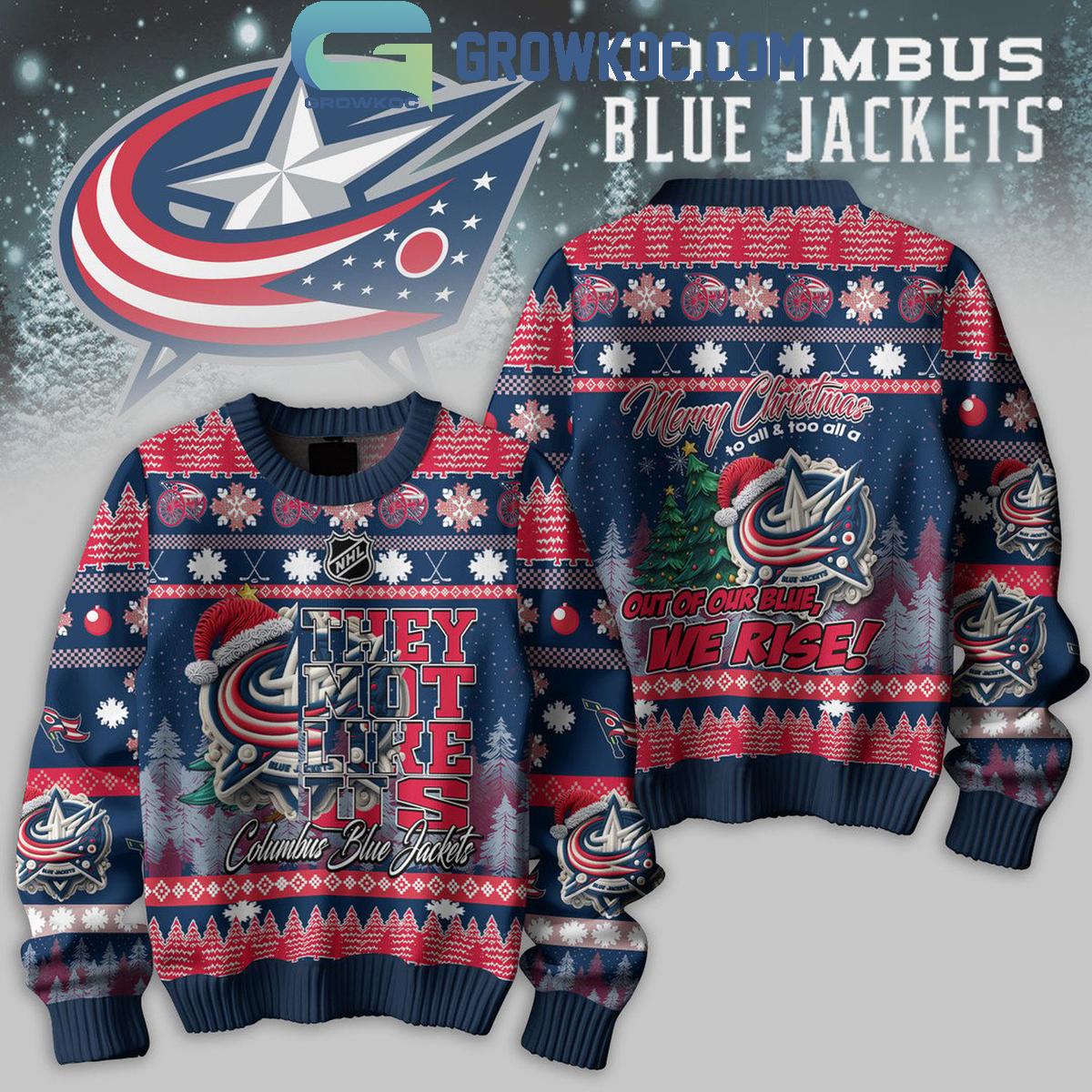 Columbus Blue Jackets They Not Like Us We Rise Merry Christmas Ugly Sweater 1 Q7oGV