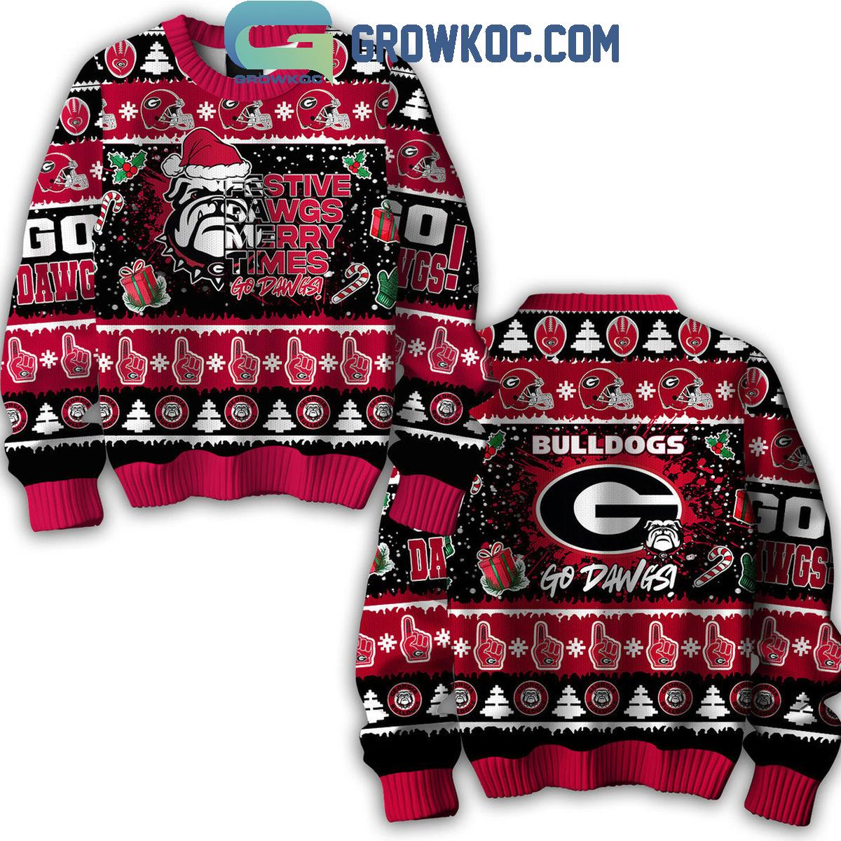 Georgia Bulldogs Go Dawgs Festive Dawgs Merry Times Christmas Ugly Sweater 1 iQ3xJ