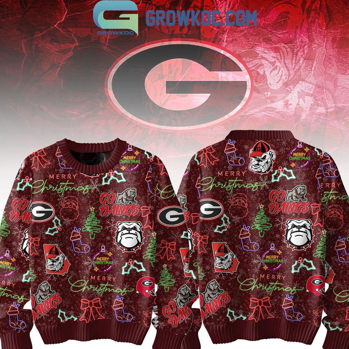 Georgia Bulldogs Merry 2024 Christmas Go Dawgs Neon Sign Ugly Sweater 1 qezIj