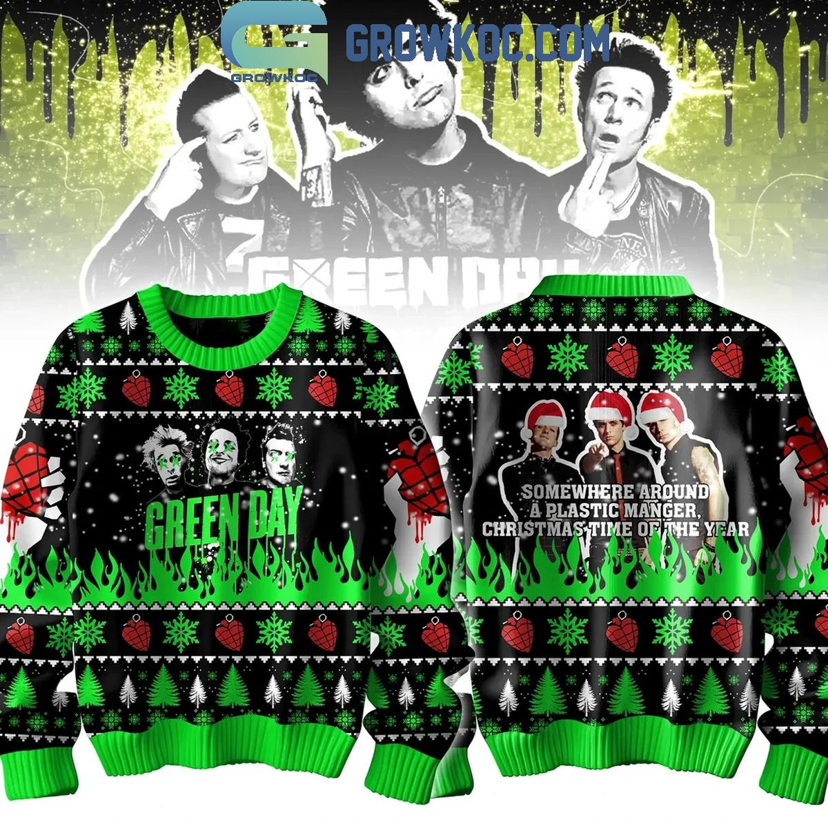 Green Day Somewhere Around A Plastic Manger Christmas Ugly Sweater 1 6UFPn