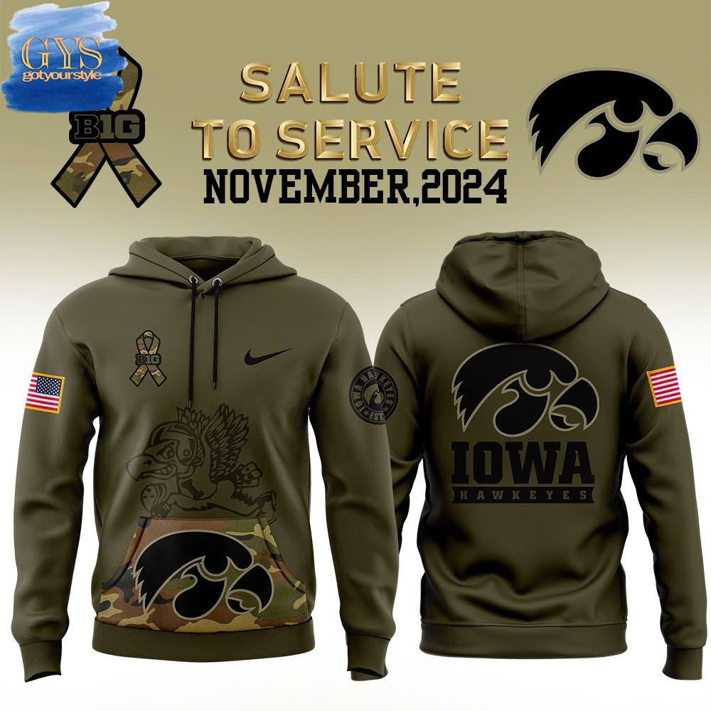 Iowa Hawkeyes Nike Camo 2024 Salute to Service Club Fleece Hoodie 1