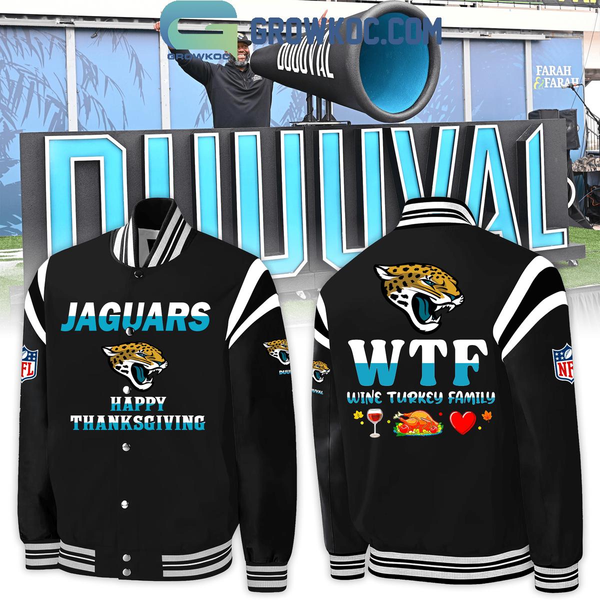 Jacksonville Jaguars Wine Turkey Family Thanksgiving Football Baseball Jacket 1 ZX7Hs