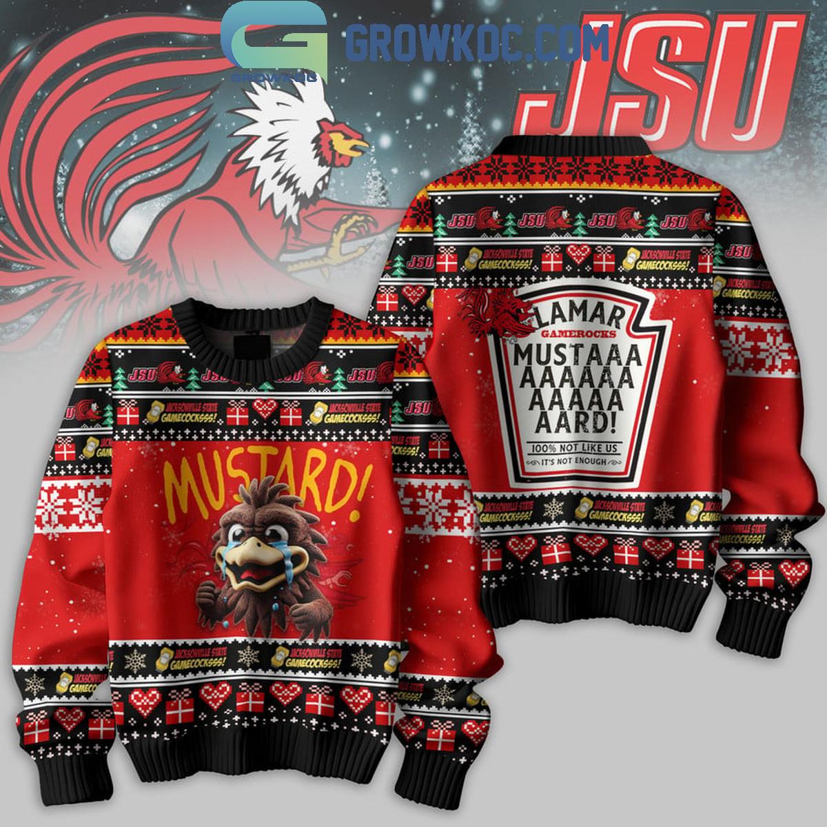 Jacksonville State Gamecocks Mustard Not Like Us Christmas Ugly Sweater 1 163Iv
