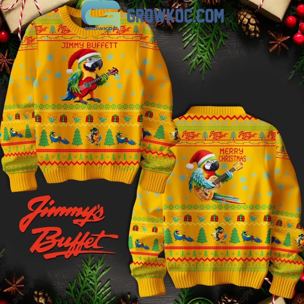 Jimmy Buffett Loves Parrot Merry Christmas Yellow Ugly Sweater 1 614JE
