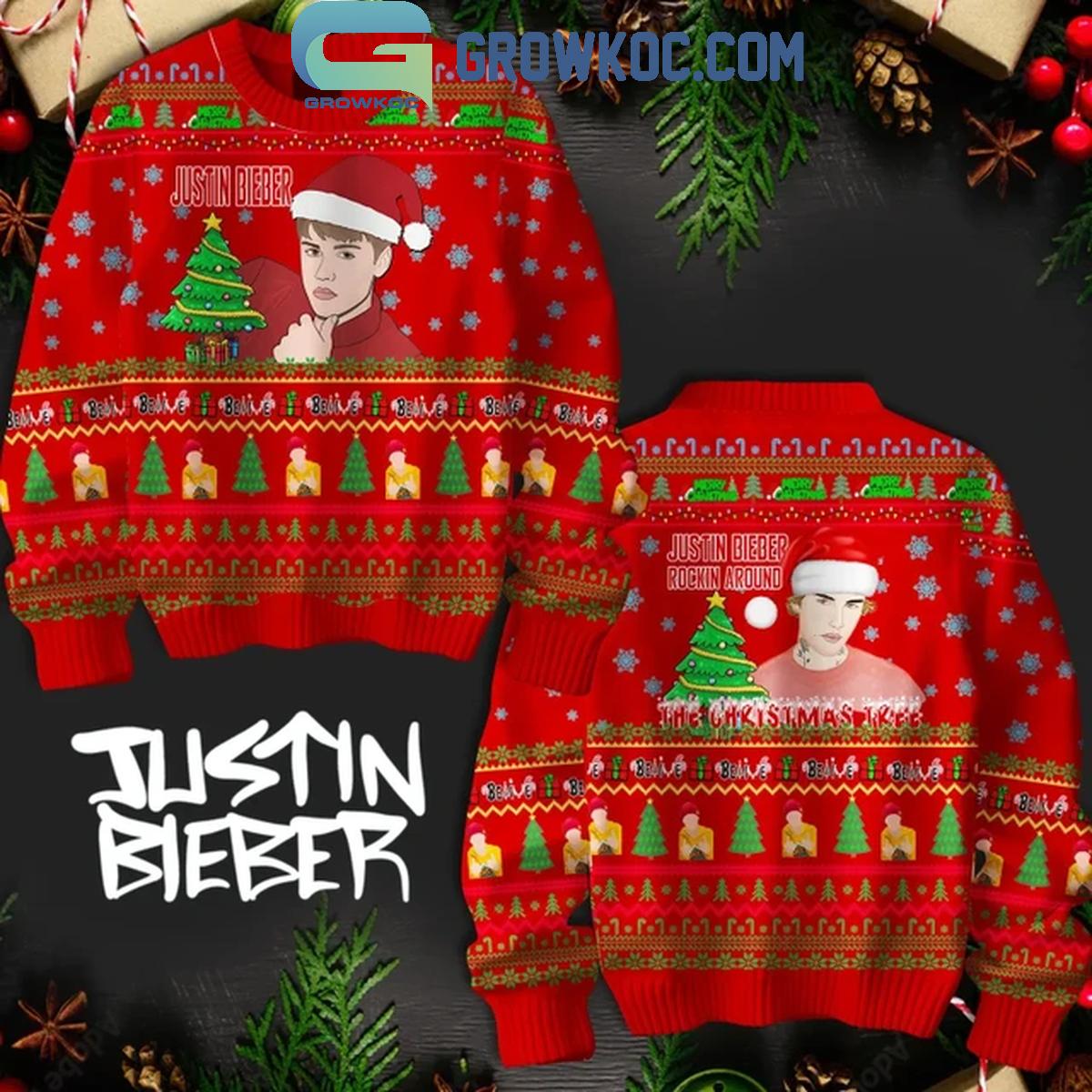 Justin Bieber Rockin Around Christmas Tree Kiss Under The Mistletoe Red Ugly Sweater 1 yC3W0