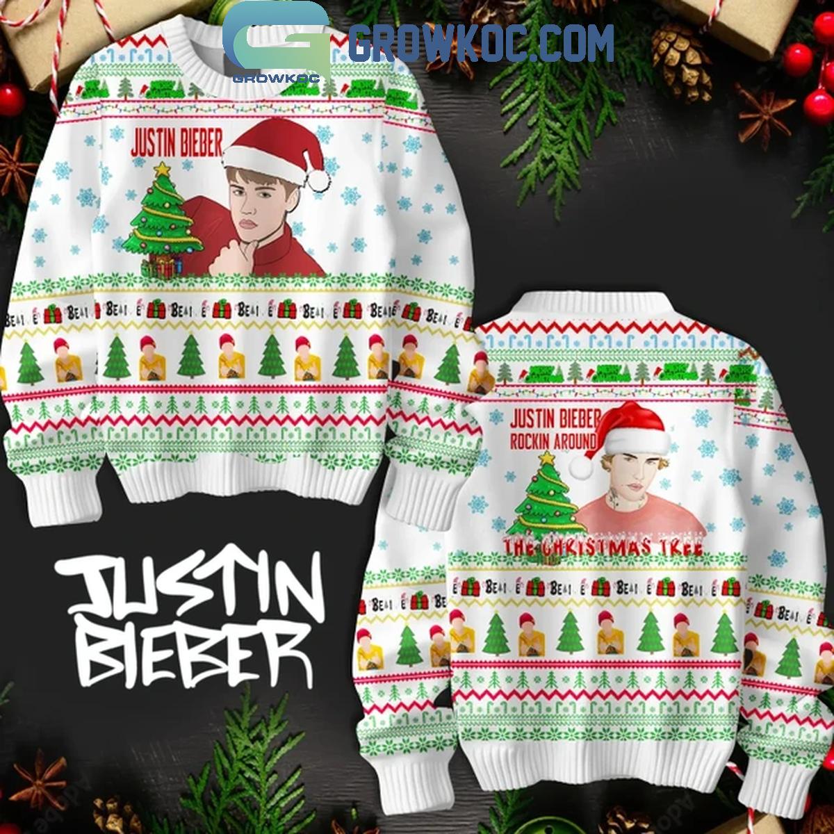 Justin Bieber Rockin Around Christmas Tree Kiss Under The Mistletoe Ugly Sweater White 1 IuWGv