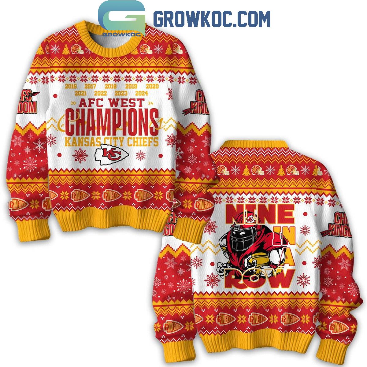 Kansas City Chiefs Nine In A Row AFC West Champions 2024 Christmas Ugly Sweater 1 ffaB0