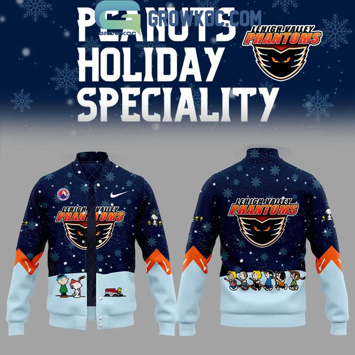 Lehigh Valley Phantoms Peanuts Snoopy Celebrating Christmas Night Baseball Jacket 1 m2xSH