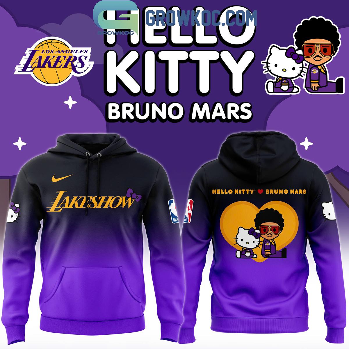 Los Angeles Lakers 2024 Bruno Mars Collab Hello Kitty Hoodie T Shirt 1 vxUWD