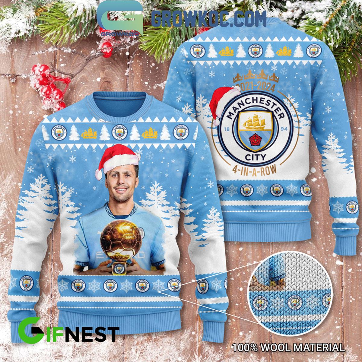 Manchester City Champions Four In A Row Christmas 2024 Ugly Sweater 1 a6N4g
