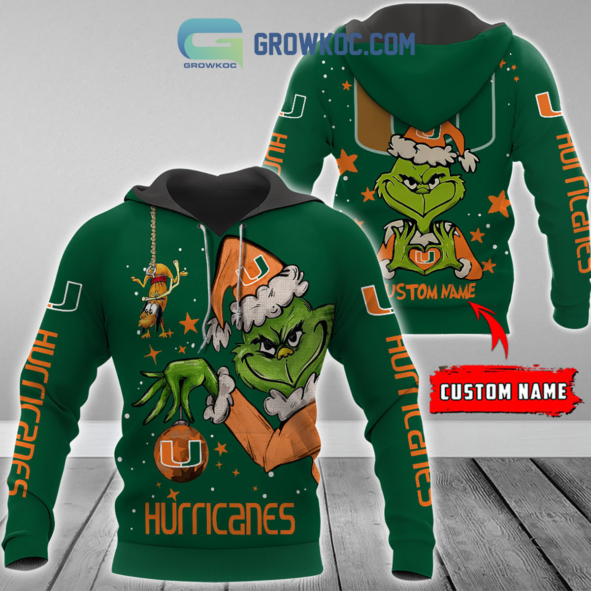 Miami Hurricanes Grinch Christmas Personalized NCAA Hoodie Shirts2B1 1VmEs