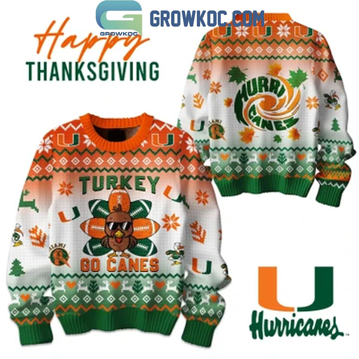 Miami Hurricanes Happy Thanksgiving Turkey Go Canes 2024 Ugly Sweater 1 snAWr