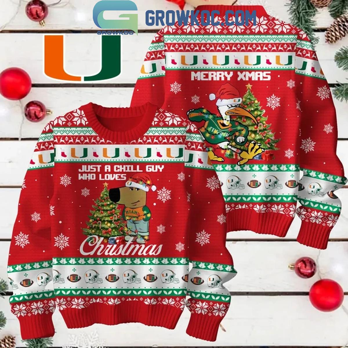 Miami Hurricanes Just A Chill Guy Who Love 2024 Christmas Ugly Sweater 1 Njcio