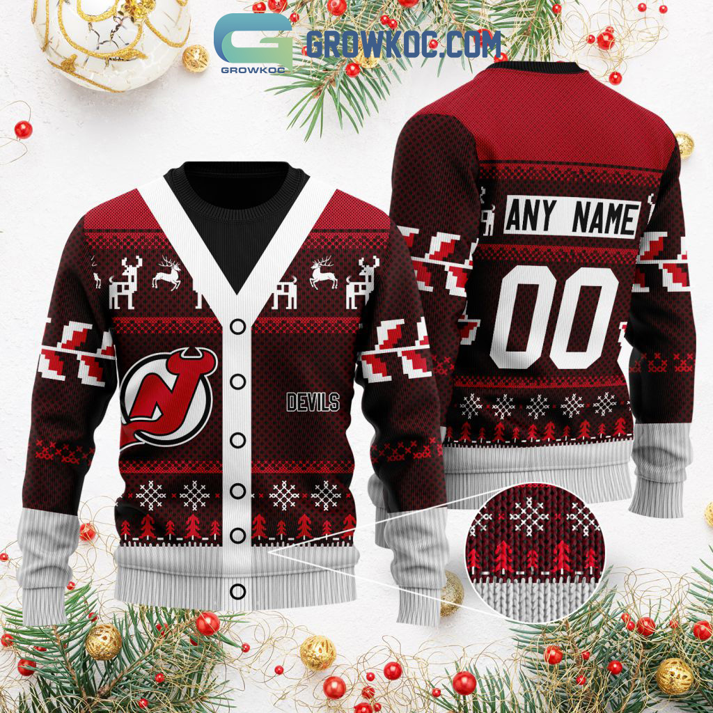 New Jersey Devils Supporter Custom Name Number Christmas Holiday Ugly Sweater2B0 MY57t