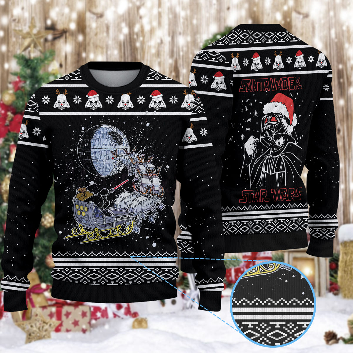 NnumhesS Star Wars Santa Darth Vader Open Sleigh Christmas Lights Christmas Knitted Sweater 1