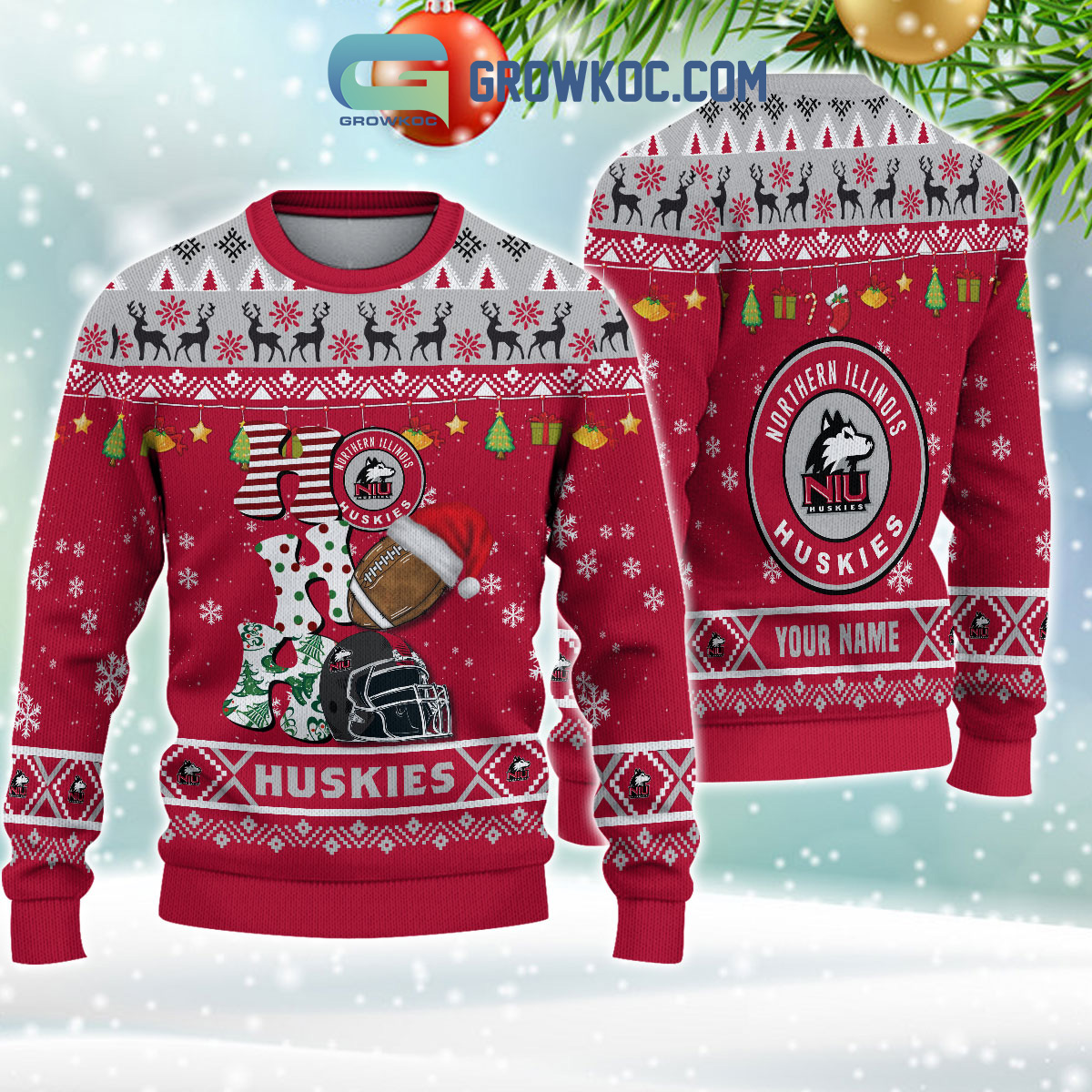 Northern Illinois Huskies NCAA Ho Ho Ho Snow Christmas Personalized Ugly Sweater2B1 3VviS