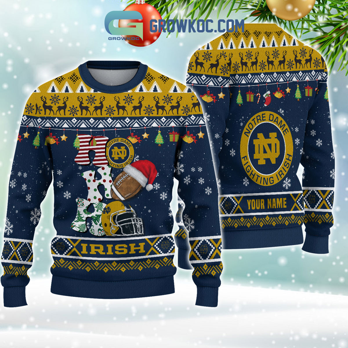 Notre Dame Fighting Irish NCAA Ho Ho Ho Snow Christmas Personalized Ugly Sweater2B1 anh8g