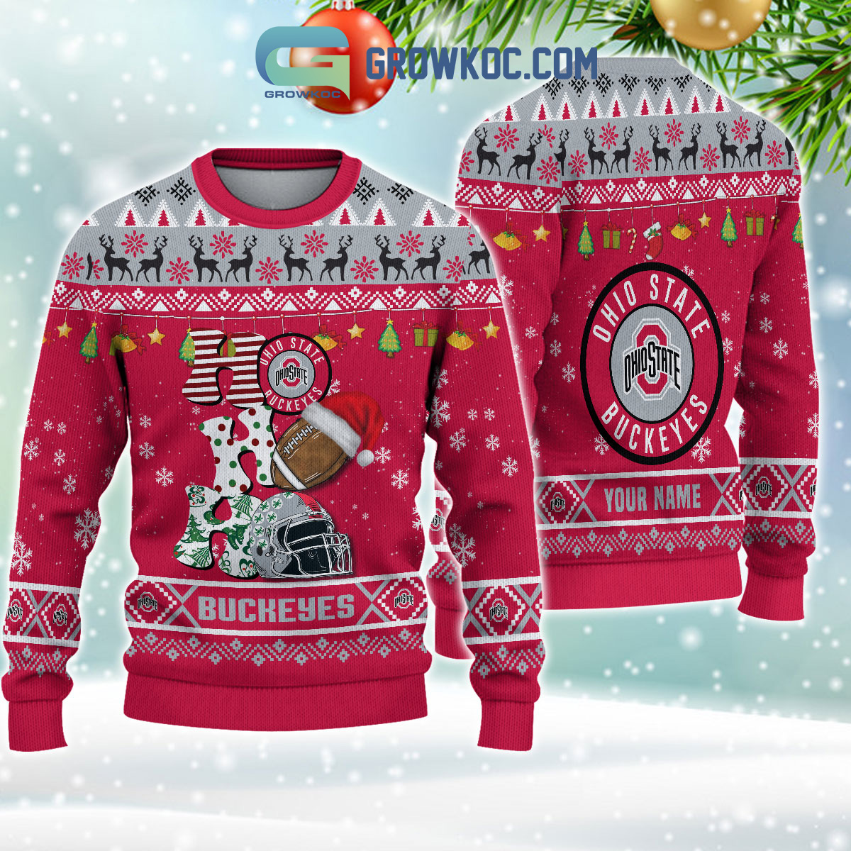 Ohio State Buckeyes NCAA Ho Ho Ho Snow Christmas Personalized Ugly Sweater2B1 9ME07