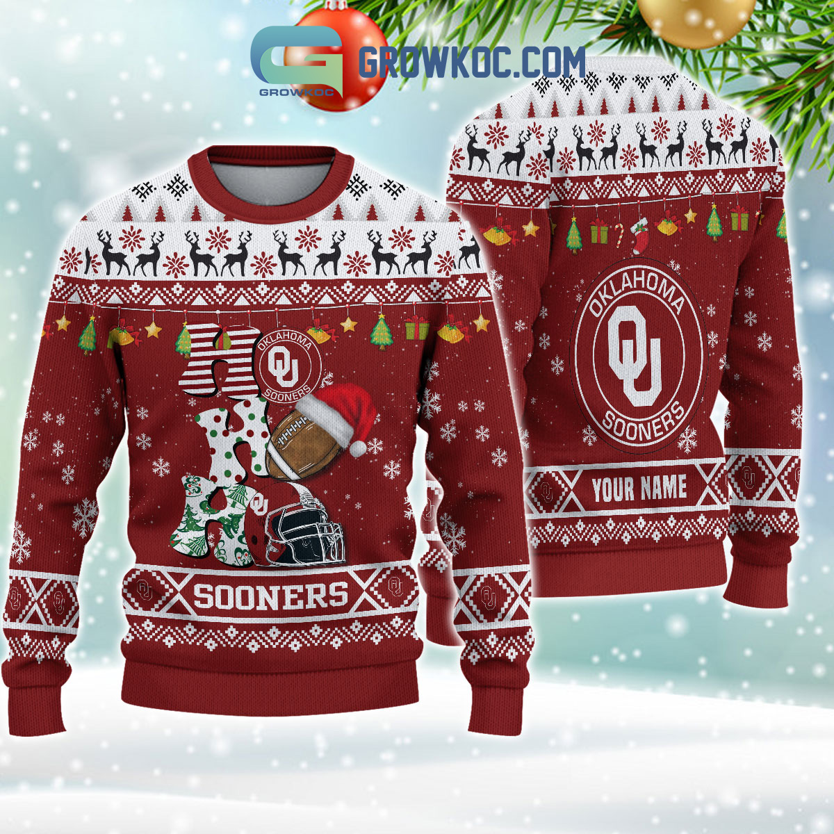 Oklahoma Sooners NCAA Ho Ho Ho Snow Christmas Personalized Ugly Sweater2B1 fjpf0