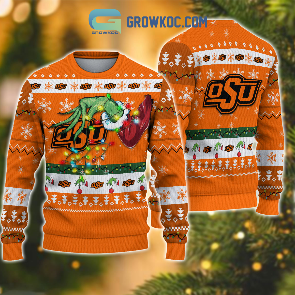 Oklahoma State Cowboys NCAA Grinch Christmas Ugly Sweater2B1 eriEe