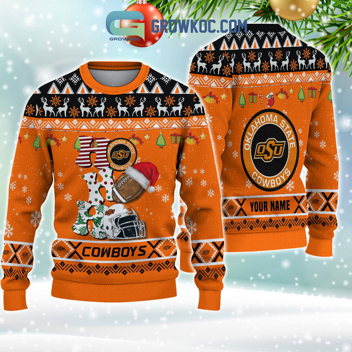 Oklahoma State Cowboys NCAA Ho Ho Ho Snow Christmas Personalized Ugly Sweater2B1 hCMxh