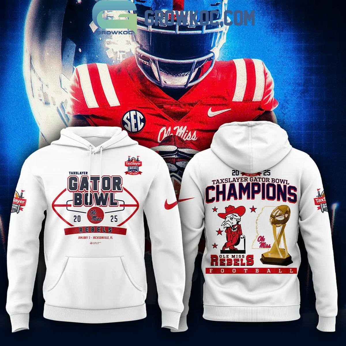 Ole Miss Rebels NCAA TaxSlayer Gator Bowl Champions 2025 White Hoodie 1 1hUz0