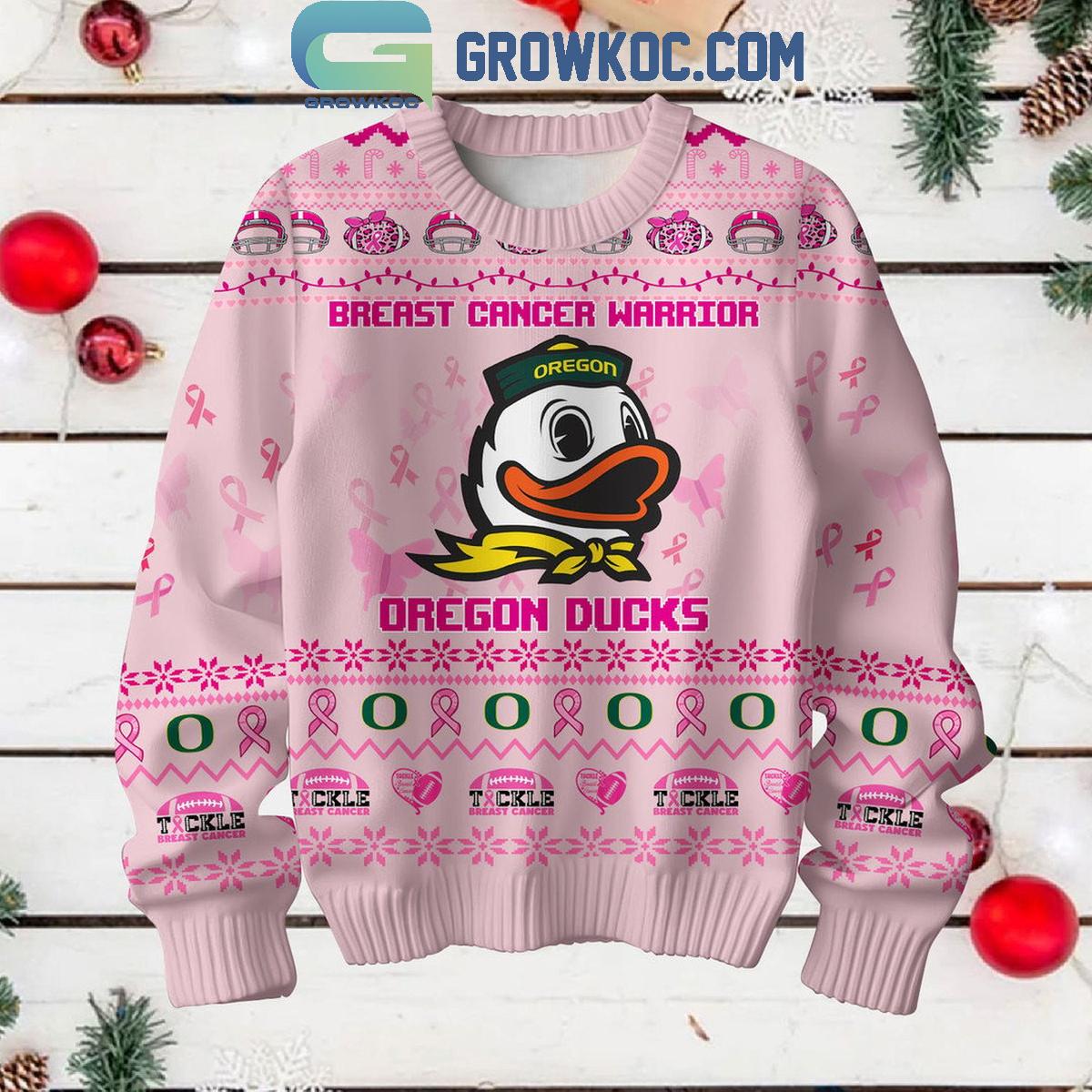 Oregon Ducks Breast Cancer Warrior Tackle Cancer Christmas Ugly Sweater Light Pink 1 BSXVw