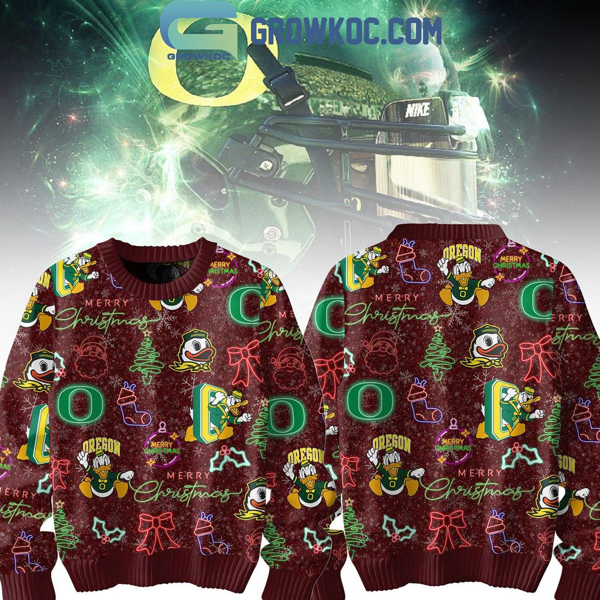 Oregon Ducks Merry 2024 Christmas Go Ducks Neon Sign Ugly Sweater 1 305wC