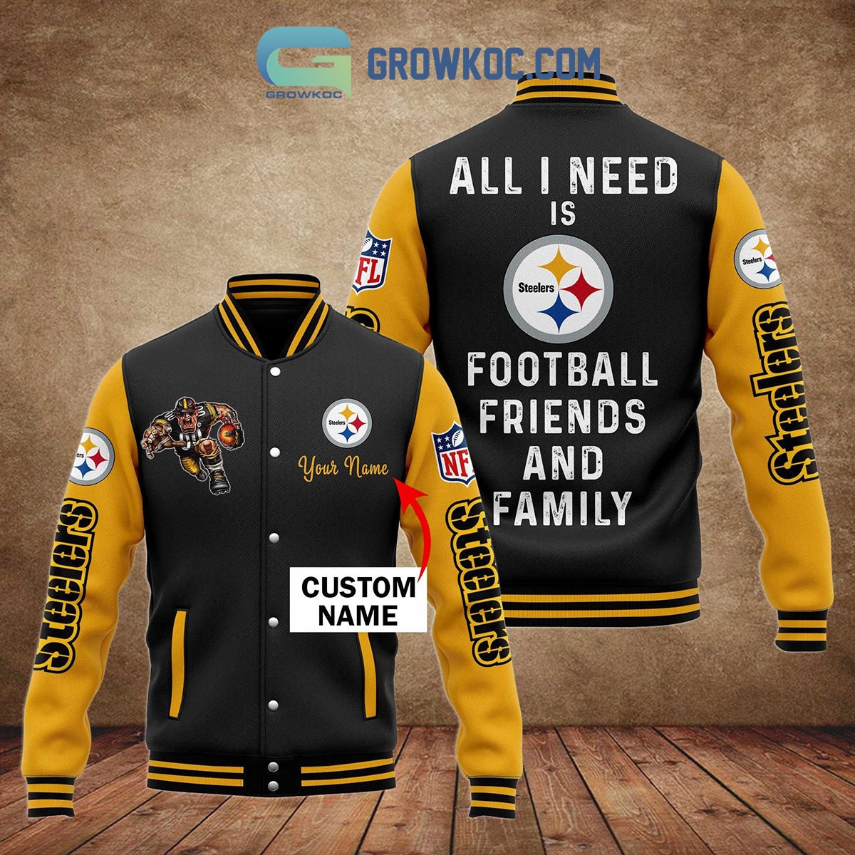 Pittsburgh Steelers All I Need Is Football Friends And Family Personalized Baseball Jacket2B1 ayETU