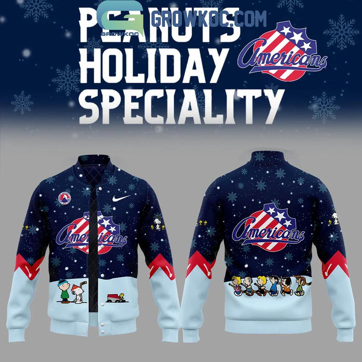 Rochester Americans Peanuts Snoopy Celebrating Christmas Night Baseball Jacket 1 oIUxu